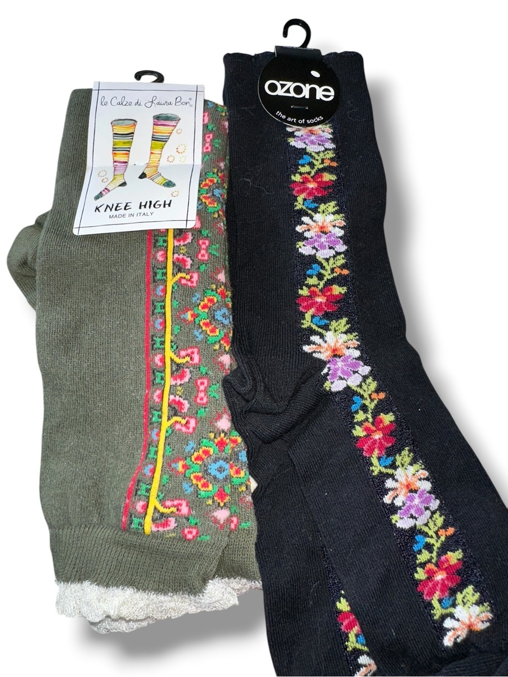 Ozone Crew & Le Calze Knee High Floral 🌺Socks ITALY - Black & Olive 🫒